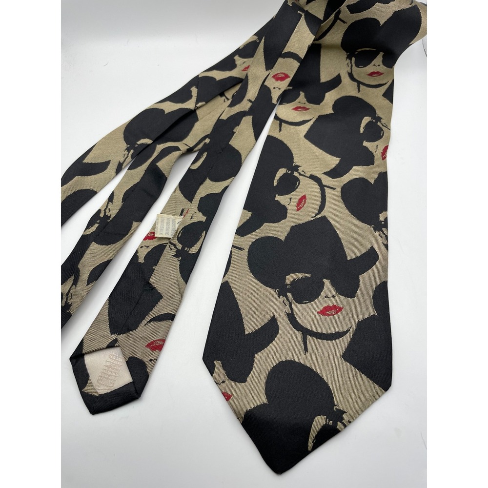 Moschino Cravatte Silk Tie Black Tan Pop Art Woman Sunglasses Red Lips Italy